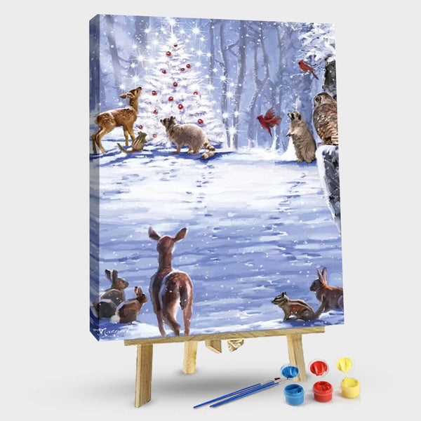 paintingnumberart 16"x20"/40x50cm / Without frame Animals in front of the Christmas tree-Paint by Numbers Kit