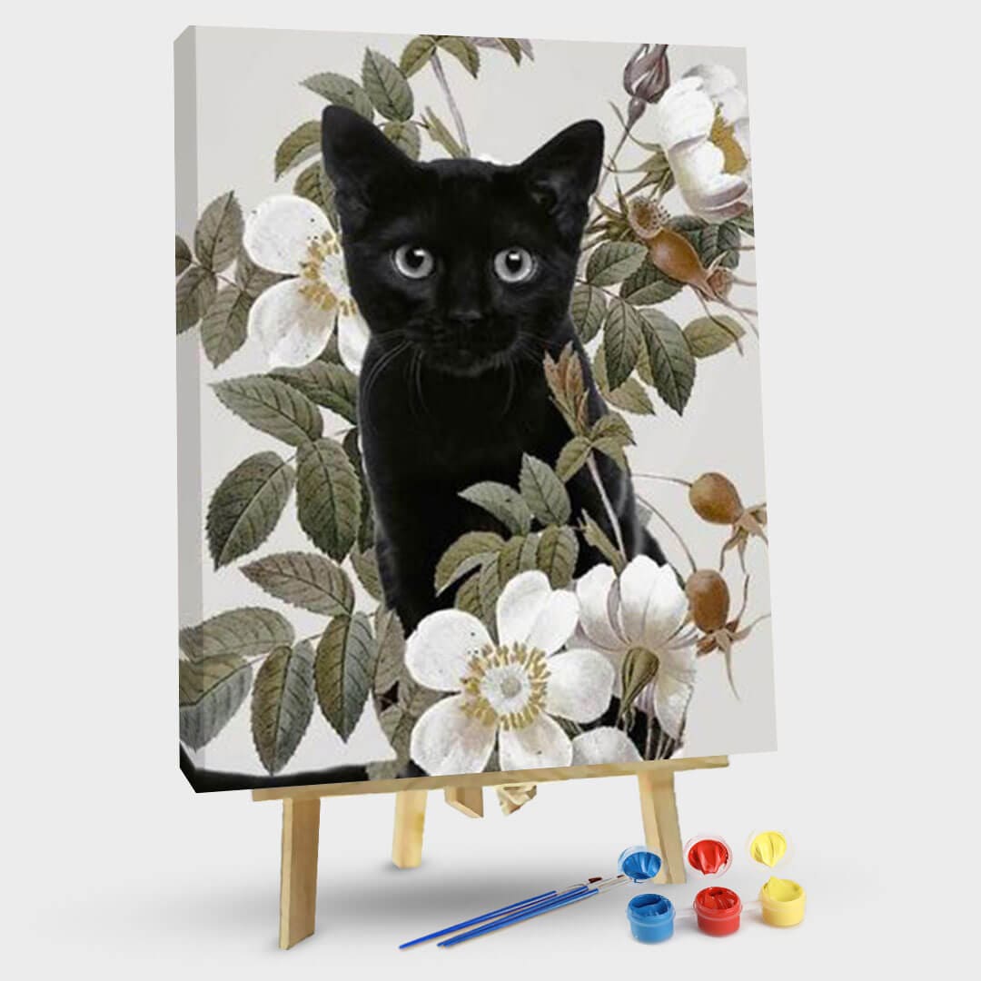 paintingnumberart 16"x20"/40x50cm / Without frame Black cat in the flower-Paint by Numbers Kit