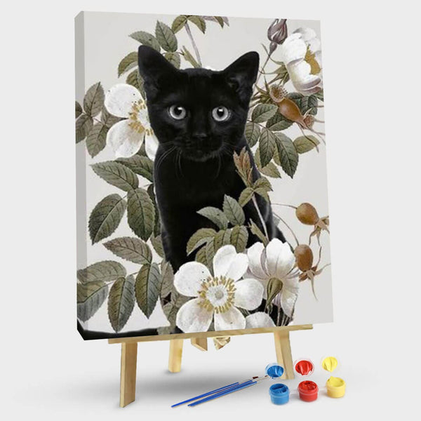 paintingnumberart 16"x20"/40x50cm / Without frame Black cat in the flower-Paint by Numbers Kit