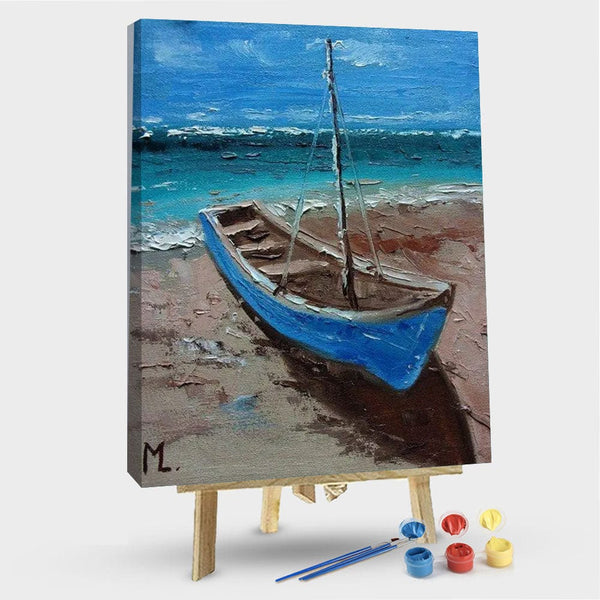 paintingnumberart 16"x20"/40x50cm / Without frame Blue Boat And Beach – Landscape Paint By Numbers