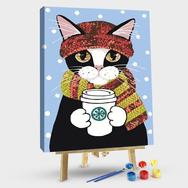 paintingnumberart 16"x20"/40x50cm / Without frame Cat Winter Coffee – Animals Paint By Number