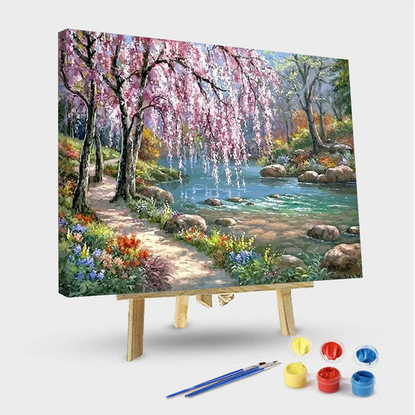 paintingnumberart 16"x20"/40x50cm / Without frame Cherry Blossom Tree Near River – Landscape Paint By Number