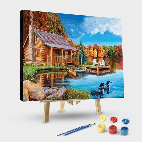 paintingnumberart 16"x20"/40x50cm / Without frame Cottage by The Lake – Landscape Paint By Number