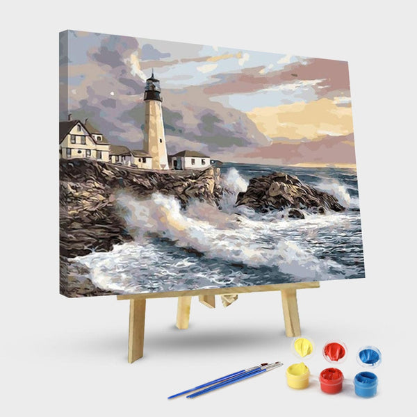 paintingnumberart 16"x20"/40x50cm / Without frame Crashing Waves Lighthouse – Landscape Paint By Number