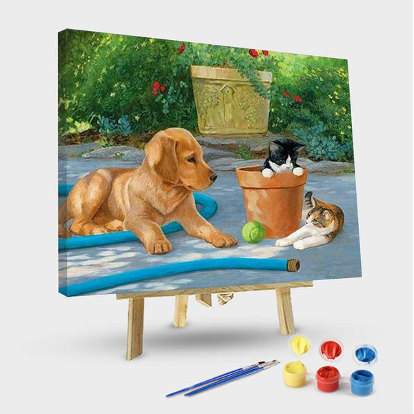 paintingnumberart 16"x20"/40x50cm / Without frame Dog With Cats in a Yard – Animals Paint By Number