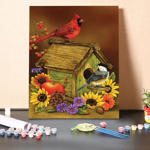 paintingnumberart 16"x20"/40x50cm / Without frame Fall Cardinal Bird Sunflower House-Paint by Numbers Kit