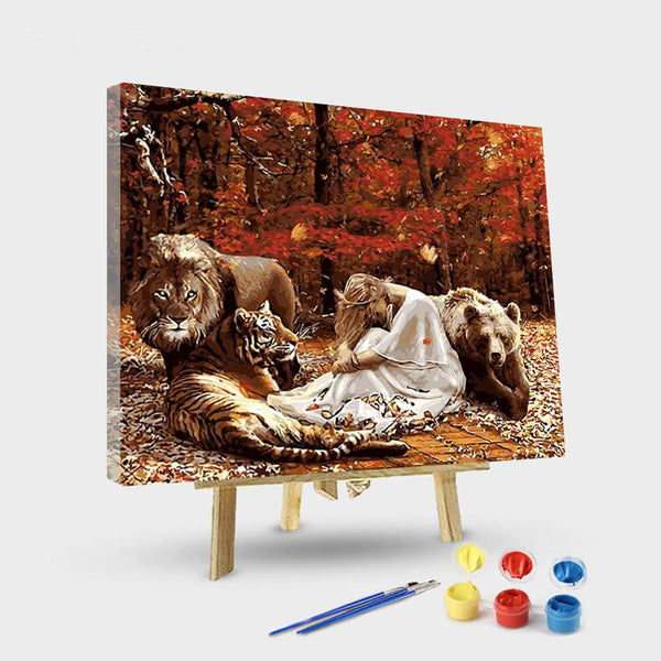 paintingnumberart 16"x20"/40x50cm / Without frame Lions And Girl – Animals Paint By Number