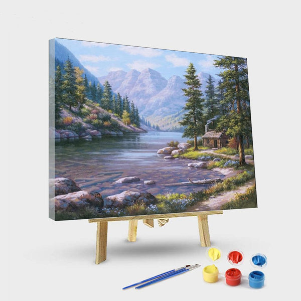 paintingnumberart 16"x20"/40x50cm / Without frame Log Cabin by The River – Landscape Paint By Number
