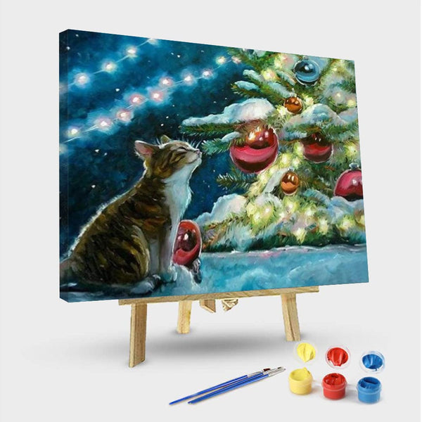 paintingnumberart 16"x20"/40x50cm / Without frame Paint By Numbers Kit – Cat and Christmas Balls