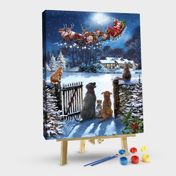 paintingnumberart 16"x20"/40x50cm / Without frame Paint By Numbers Kit-Guardian – Cats And Dogs Watching Santa