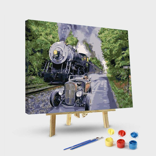 paintingnumberart 16"x20"/40x50cm / Without frame Paint By Numbers Kit – Race Between Car and Train