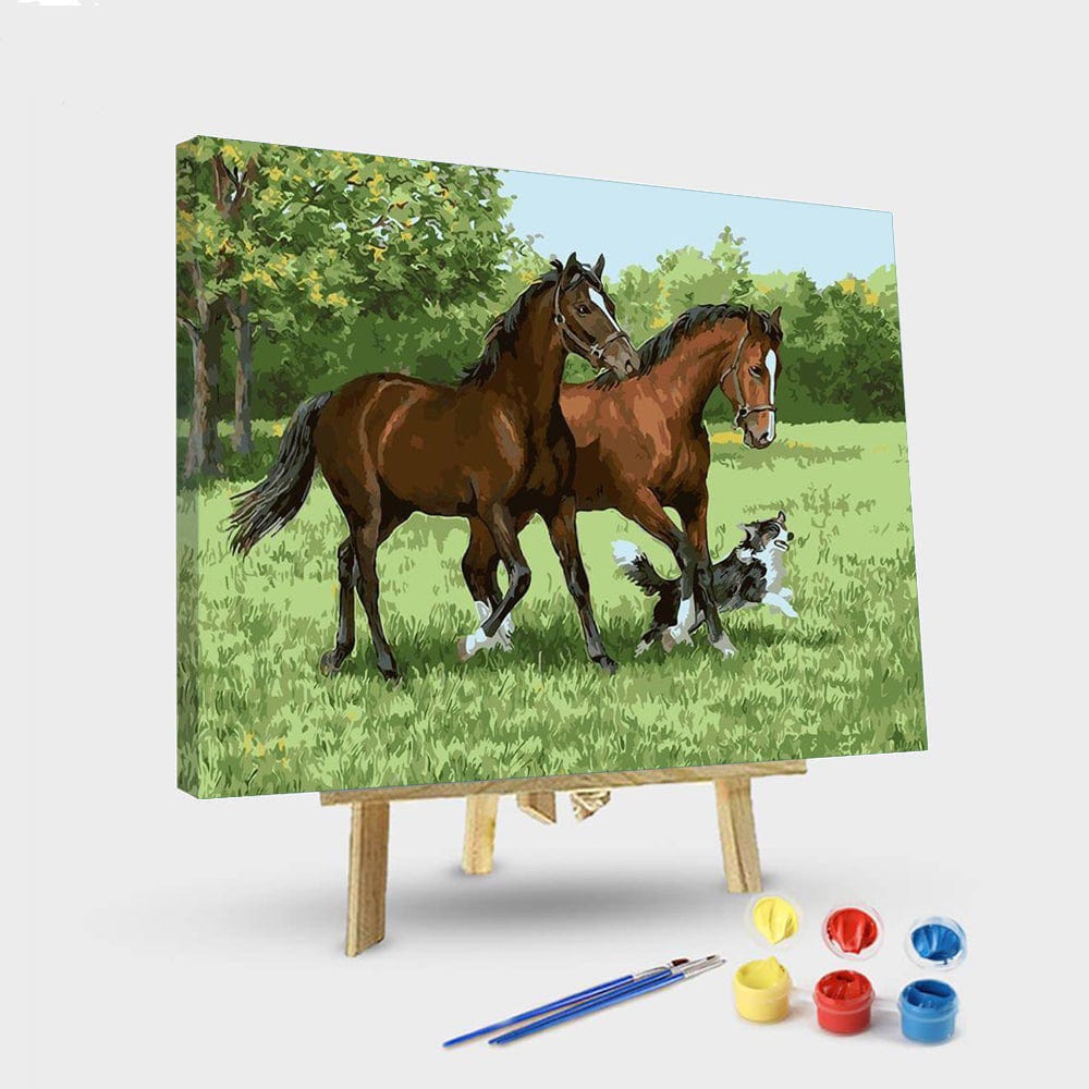 paintingnumberart 16"x20"/40x50cm / Without frame Paint By Numbers Kit – Two Horses and Dog