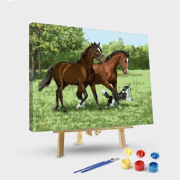 paintingnumberart 16"x20"/40x50cm / Without frame Paint By Numbers Kit – Two Horses and Dog