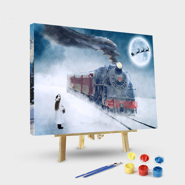 paintingnumberart 16"x20"/40x50cm / Without frame Red Train In Snow – Engines Paint By Numbers