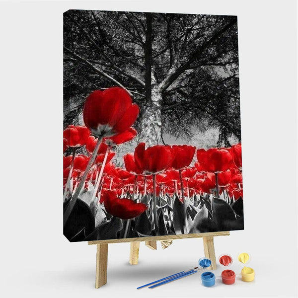 paintingnumberart 16"x20"/40x50cm / Without frame Red Tulips in Black – Flowers Paint By Number