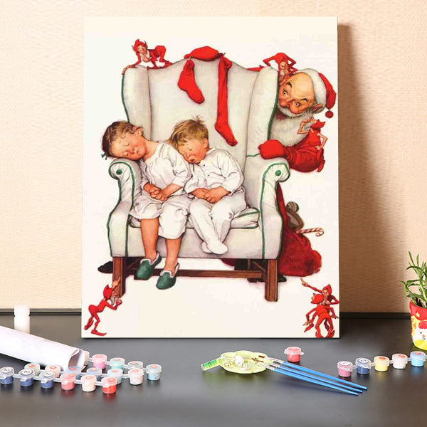 paintingnumberart 16"x20"/40x50cm / Without frame Santa Looking at Two Sleeping Children-Paint by Numbers Kit