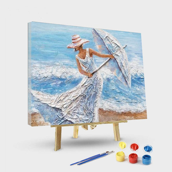paintingnumberart 16"x20"/40x50cm / Without frame Women Carry an Umbrella on Beach – People Paint By Number