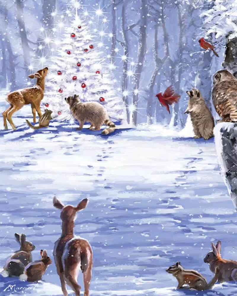 paintingnumberart Animals in front of the Christmas tree-Paint by Numbers Kit