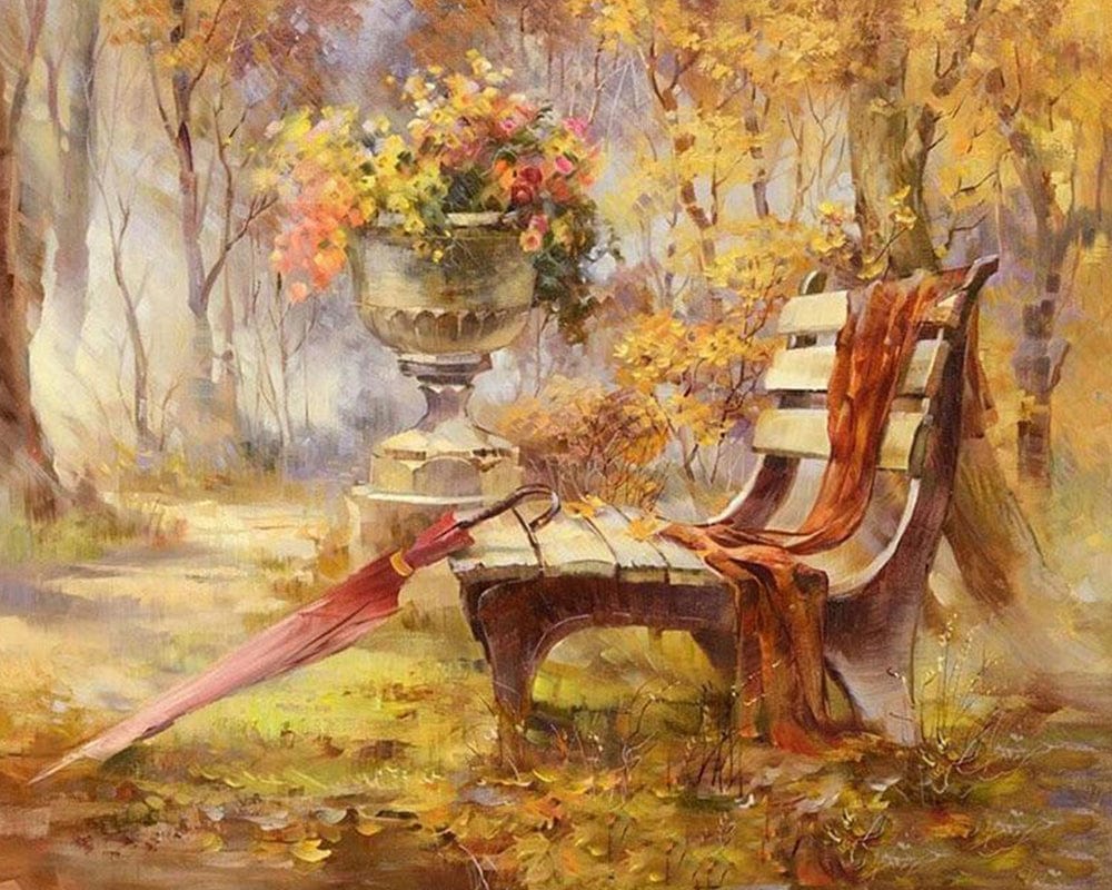 paintingnumberart Autumn Garden and Bench – Landscape Paint By Number