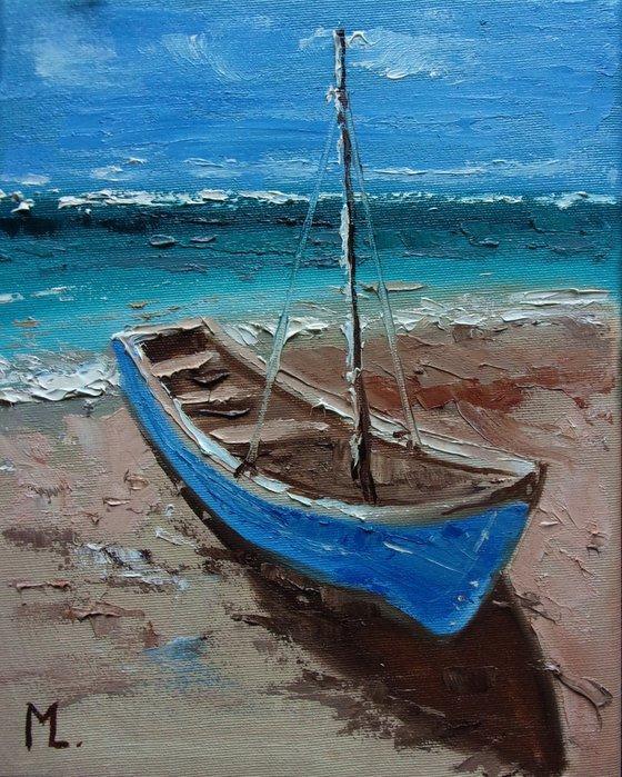 paintingnumberart Blue Boat And Beach – Landscape Paint By Numbers