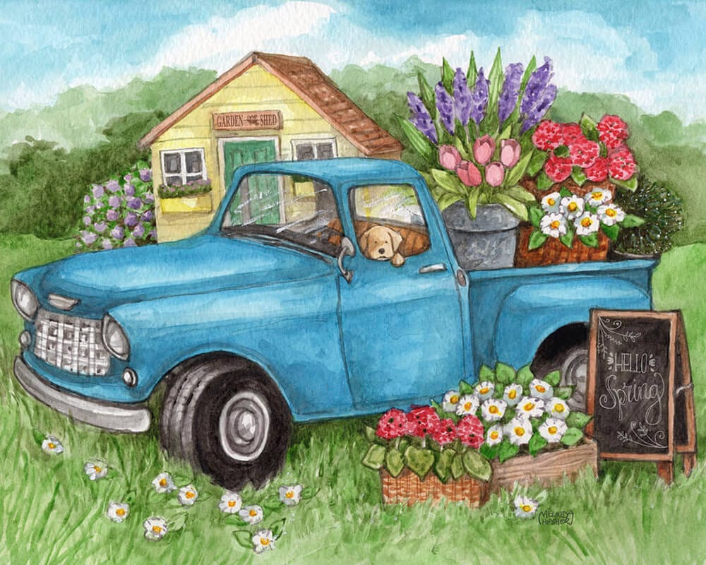 paintingnumberart Blue Truck Flowers Hello Spring-Paint by Numbers Kit