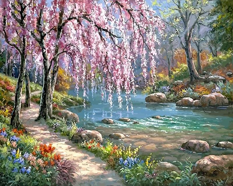 paintingnumberart Cherry Blossom Tree Near River – Landscape Paint By Number
