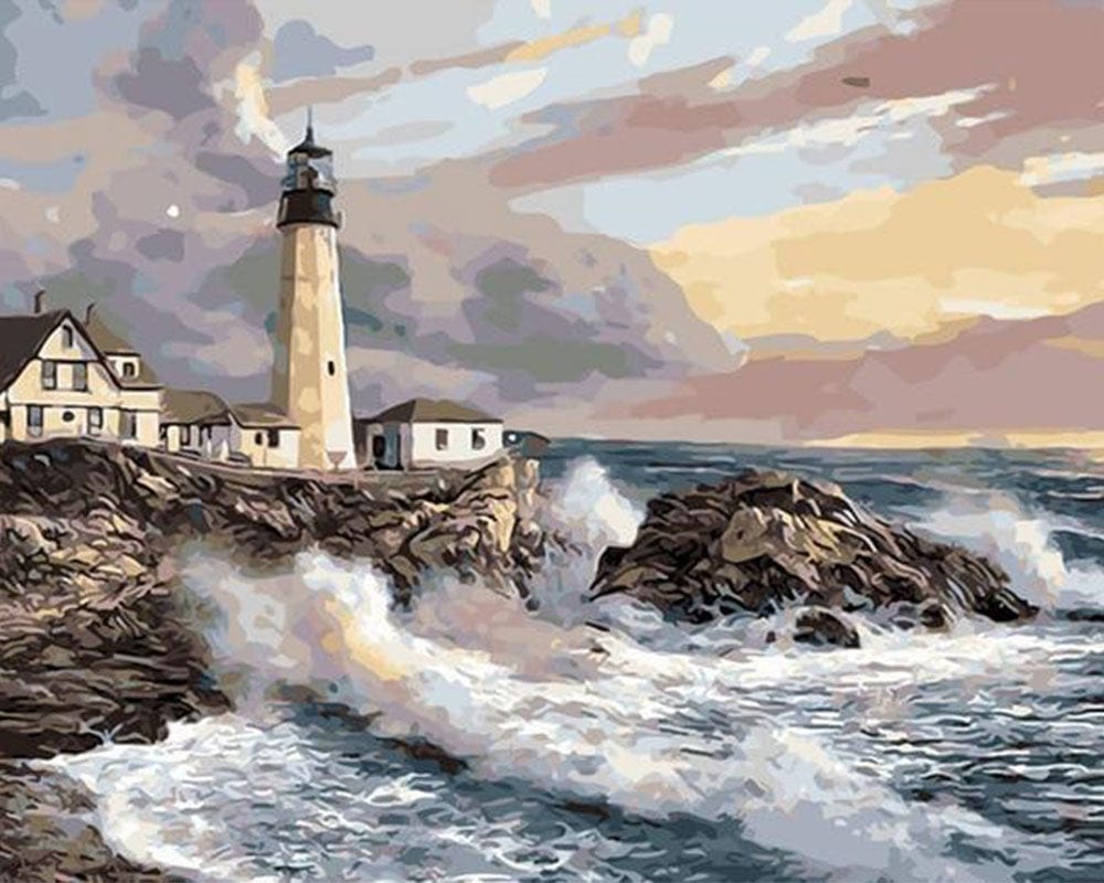 paintingnumberart Crashing Waves Lighthouse – Landscape Paint By Number