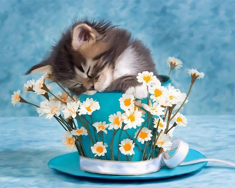 paintingnumberart Cute Kitty in Floral Cup-Paint By Numbers Kit