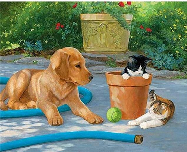 paintingnumberart Dog With Cats in a Yard – Animals Paint By Number