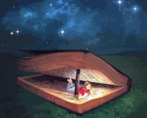 paintingnumberart Girl Sleeping in Magic Book – Landscape Paint By Number