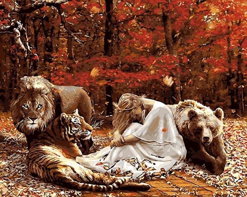 paintingnumberart Lions And Girl – Animals Paint By Number