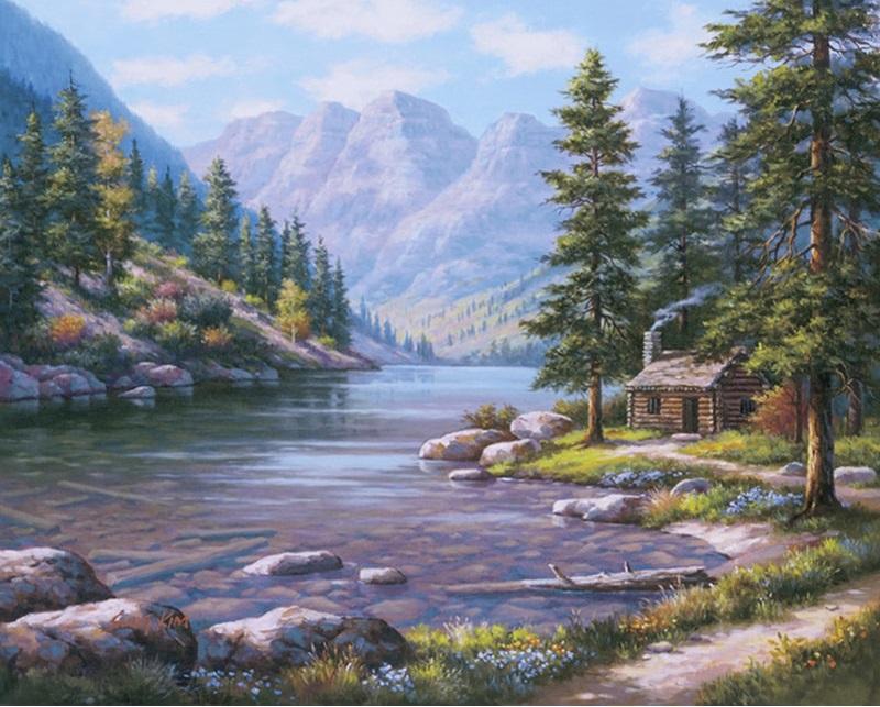 paintingnumberart Log Cabin by The River – Landscape Paint By Number