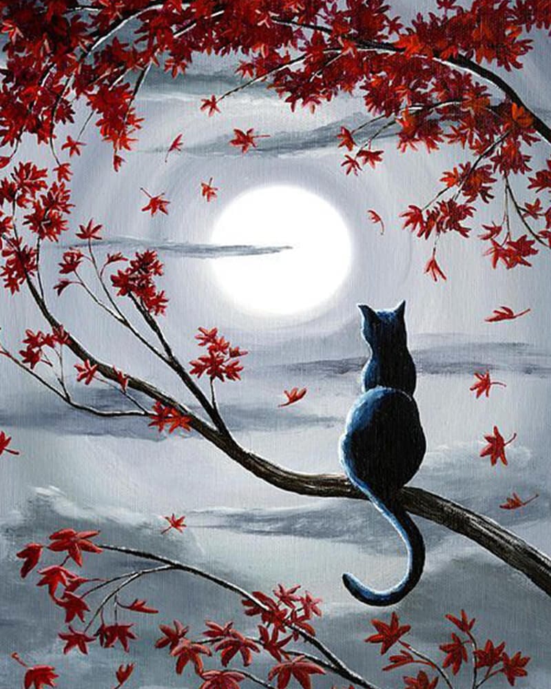 paintingnumberart Moon, maple leaf and cat-Paint by Numbers Kit