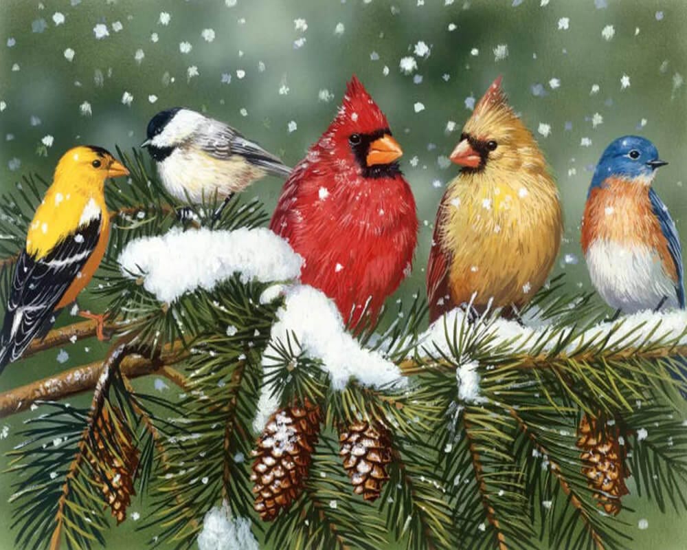 paintingnumberart Paint By Numbers Kit-Backyard Birds on Snowy Branch