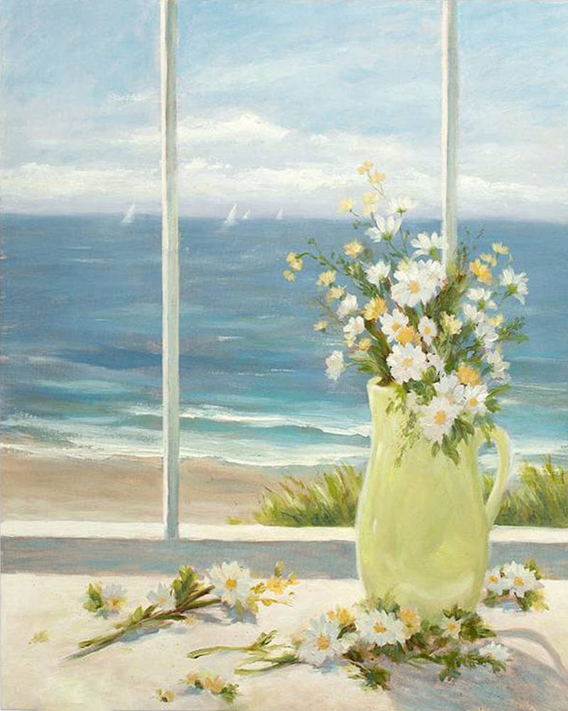 paintingnumberart Paint by Numbers Kit-Beach Daisies in Yellow vase Canvas Print