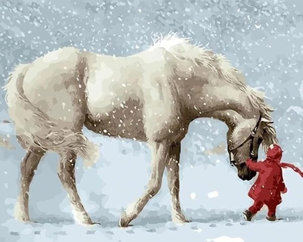paintingnumberart Paint By Numbers Kit-Beautiful White Horse in the Snow