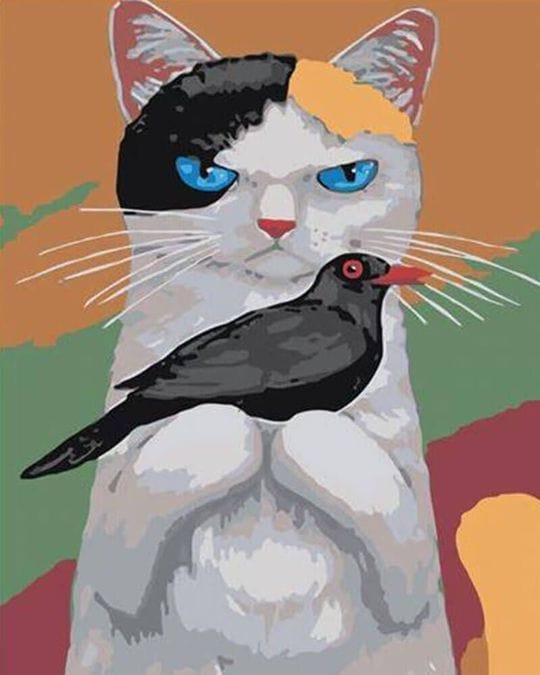 paintingnumberart Paint By Numbers Kit -Cat and Black little Bird Ravens