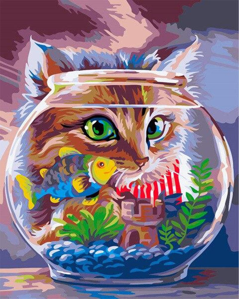 paintingnumberart Paint By Numbers Kit – Cat Watch a Little Fish