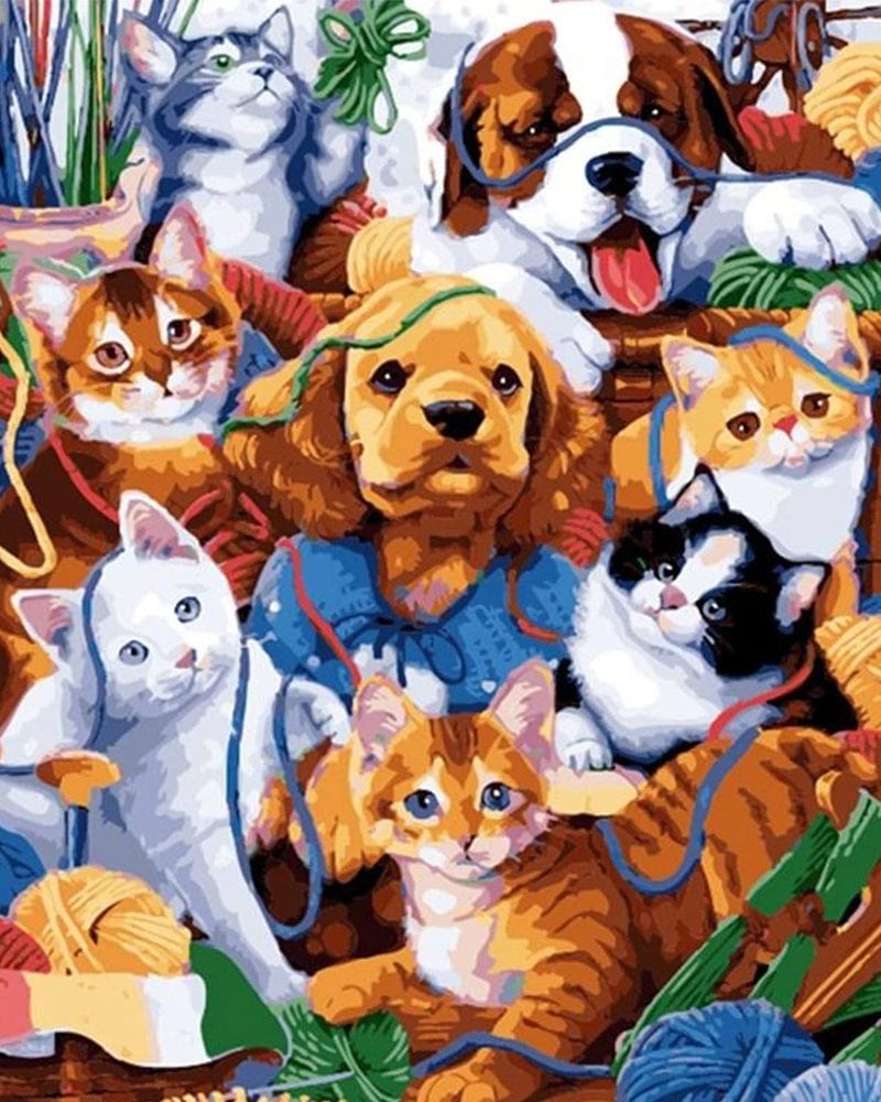 paintingnumberart Paint by Numbers Kit-Cats & Dogs Playing with Yarn Regular price