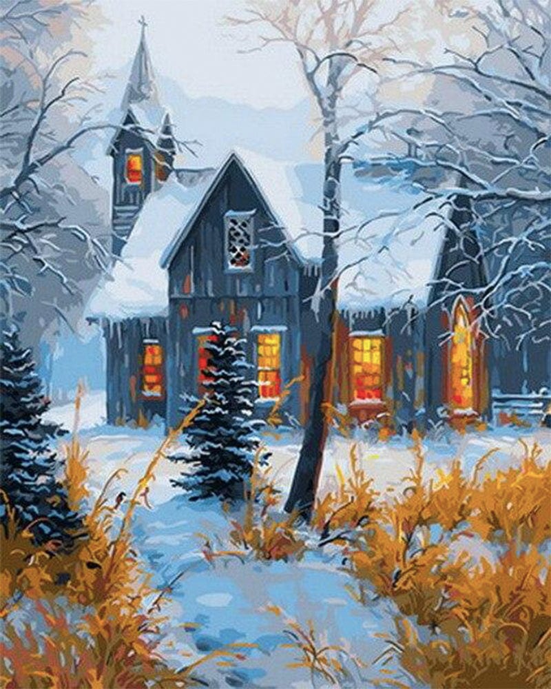 paintingnumberart Paint By Numbers Kit – Church In Trees and Snow
