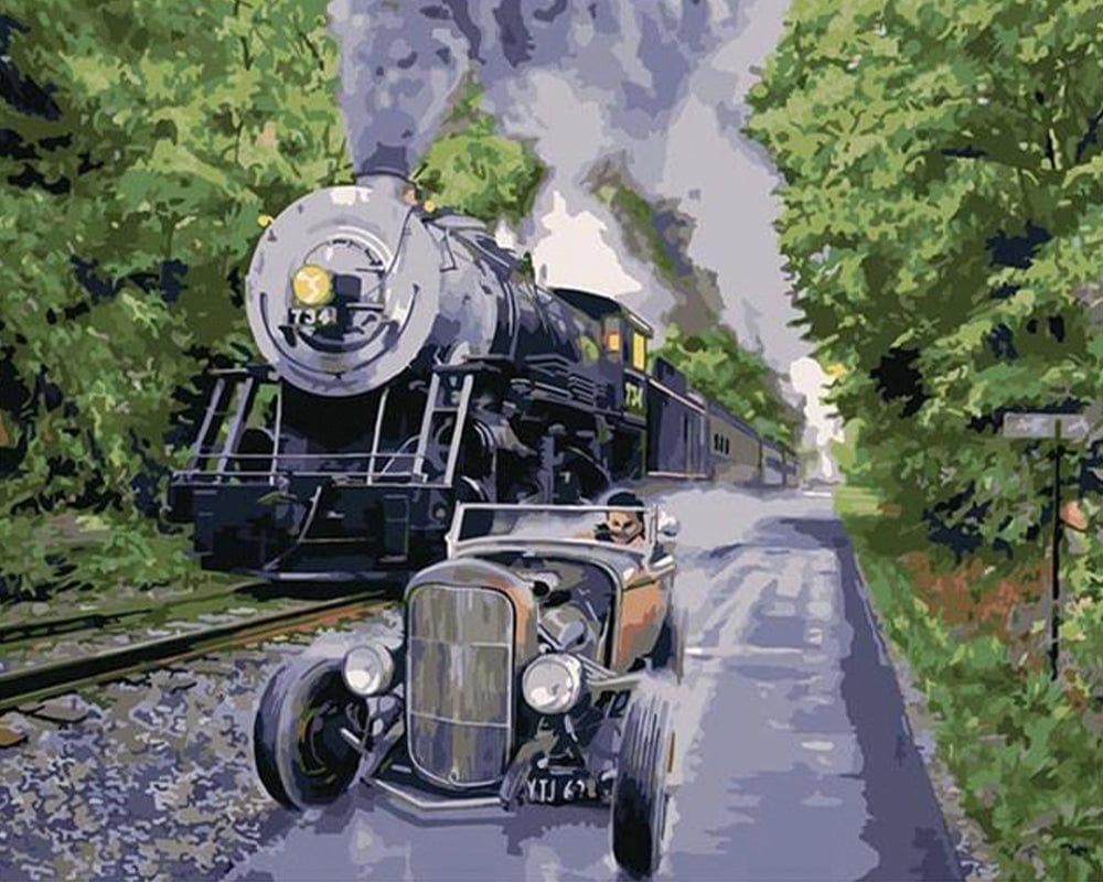 paintingnumberart Paint By Numbers Kit – Race Between Car and Train