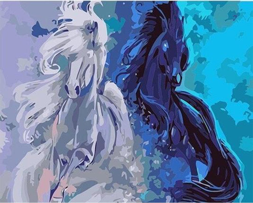 paintingnumberart Paint By Numbers Kit – Reflection of Black and White Horses