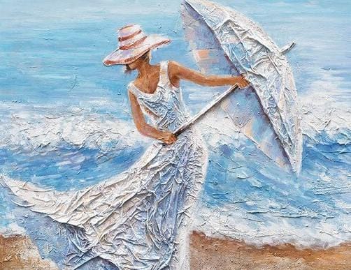 paintingnumberart Women Carry an Umbrella on Beach – People Paint By Number